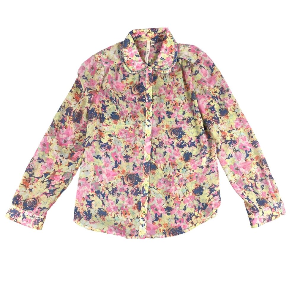 Bellatrix Blouse Womens Extra Small Petite Watercolor Floral Sheer Button Up Top